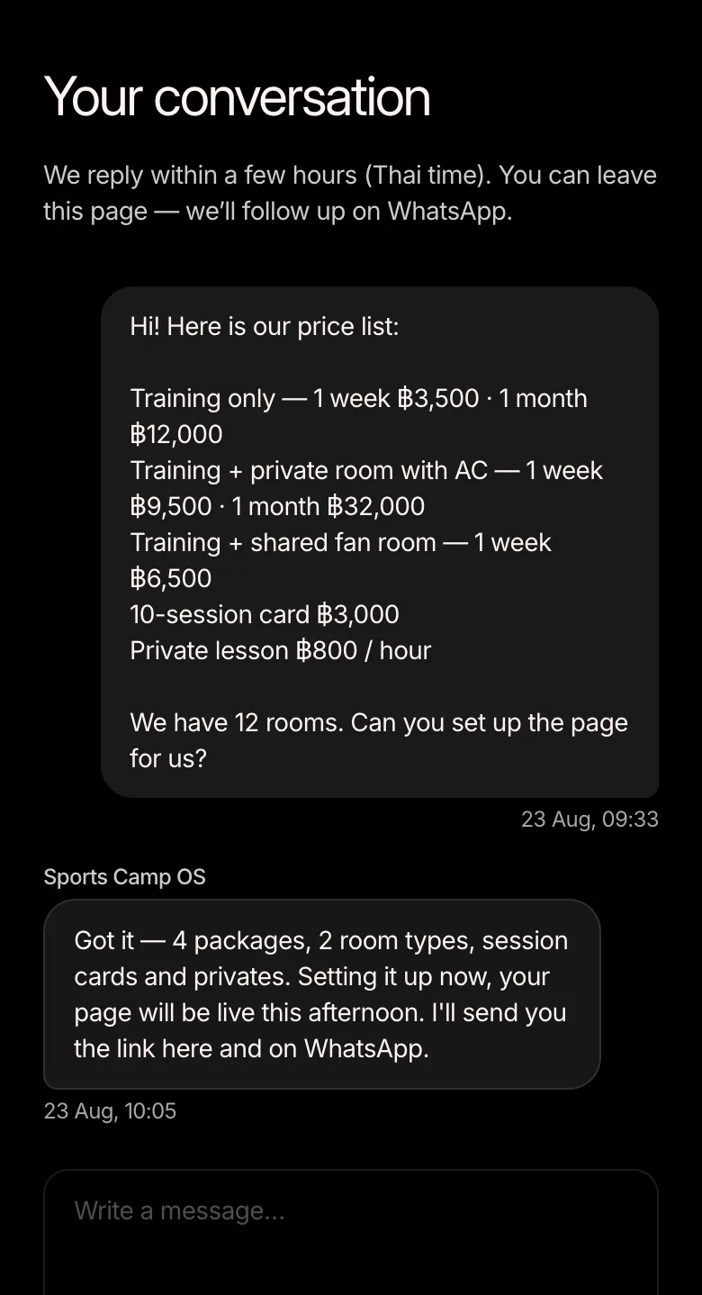 A camp owner's conversation with us: a price list sent as a message, and our reply saying the page goes live this afternoon